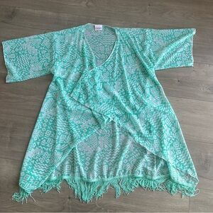 Lularoe Fringe sheer kimono - light teal green and white - size small